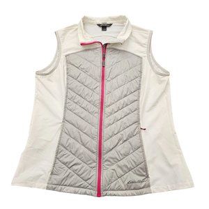 Eddie Bauer Vest Womens XL Full zip puffer stretch sides white gray oudoor hikin
